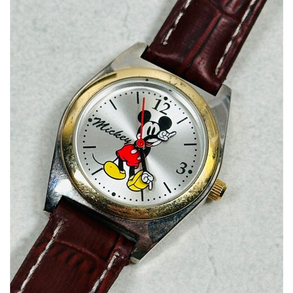 Disney Mickey Mouse Watch 30mm Mixed Tone Brown Leather Accutime New Battery
